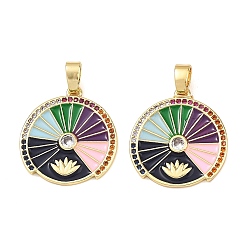 Разноцветный Латунные микро-паве красочные кубические циркониевые подвески, с эмалью, плоский круглый с подвесками в виде лотоса, стойки покрытие, долговечный, без кадмия и без свинца, реальный 18 k позолоченный, красочный, 22.5x21x2 мм, отверстие : 5.5 мм