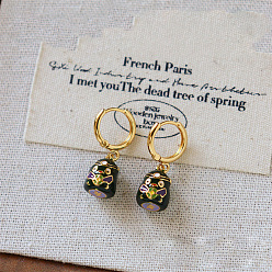 Black Brass Enamel & Cubic Zirconia Hoop Dangle Earrings, Chick, Golden, Black, 22.7x11mm