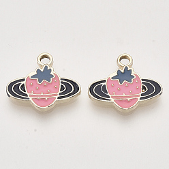 Hot Pink Light Gold Plated Alloy Pendants, with Enamel, Strawberry, Hot Pink, 14.5x17x2mm, Hole: 2mm