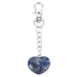 Sodalite Natural Sodalite Keychain, with Brass Lobster Claw Clasps and Iron Chains, Heart, Platinum, 80~86mm