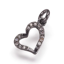 Черный Цвет Металла Латунные микро проложить кубического циркония подвески, сердце прелести, металлический черный , 12.5x8x2 мм, отверстие : 3 мм