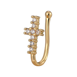 Cross Латунные микропаве прозрачные кубические цирконии клипсы для носовой перегородки, украшения для пирсинга носа для женщин и мужчин, золотые, крестик, 12 мм