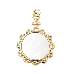 Настоящее золото 18K Природные подвески оболочки, подвески-цветы с латунной оправой и соединительными кольцами, долговечный, стойки покрытие, без свинца и без кадмия, цвет морской раковины, реальный 18 k позолоченный, 34x24x2 мм, отверстие : 3 мм