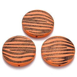 Темно-Оранжевый Расписные бусы из натурального дерева, лазерная гравировка, плоский круглый с зеброй, темно-оранжевый, 30x5 мм, отверстие : 1.6 мм