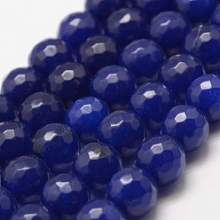 Blue Faceted Natural White Jade Beads Strands, Round, Dyed, Blue, 10mm, Hole: 1.2~1.5mm,  about 38pcs/strand, 14 inch(35.6cm)