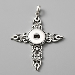 Antique Silver Alloy Rhinestone Hang Snap Base Pendant for Interchangeable Snap Charms Jewelry Making, Cross, Antique Silver, 70.5x57.5x4.5mm, Hole: 7x4mm, Inner Diameter: 5.5mm