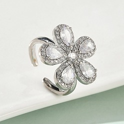 Прозрачный Кольца-манжеты из цветочной латуни с микропаве из кубического циркония для женщин, без кадмия и без свинца, стойки покрытие, платина, прозрачные, 19.5x20.5 мм, внутренний диаметр: 17.2 мм