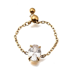 Oval 304 Регулируемые кольца цепи из нержавеющей стали с инкрустацией кубическим цирконием, прозрачные, золотые, овальные, внутренний диаметр: 15~17 мм, Поверхность: 8x6 мм