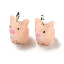 Свинья Флокированные акриловые подвески, с железной фурнитурой, розовые, платина, свинья, 19~21x19.5x11.5 мм, отверстие : 2.5 мм