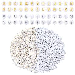 White 1872Pcs 52 Style Plating Acrylic Beads, Metal Enlaced, Flat Round with Golden & Silver Alphabet, White, 7x3.5mm, Hole: 1.2mm
