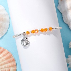 Оранжевый Плетеные браслеты из стеклянных бусин, сплав браслеты с подвесками в форме ракушки, со стеклянными бусинами, оранжевые, внутренний диаметр: 2 ~3-1/8 дюйм (5.15~8 см)
