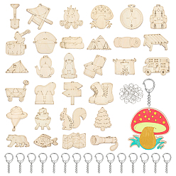 BurlyWood DIY Keychain Making Kits, include 1 Set Plywood Single-sided Carving Big Pendants, 30Pcs Iron Open Jump Rings, 30Pcs Alloy Keychain Clasps, BurlyWood, 44~80.5x34.5~77.5x3mm, Hole: 3.5mm, about 30pcs/set
