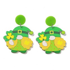 Lime Green Saint Patrick's Day Sparkling Acrylic Dangle Stud Earrings, Gnome, Lime Green, 62.5x43.5mm