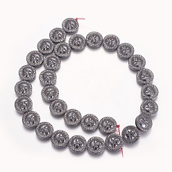 Original Color Non-magnetic Synthetic Hematite Beads Strands, Flat Round with Lion Head, Original Color, 13x4mm, Hole: 0.8mm, about 31pcs/strand, 15.74 inch(40cm)