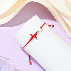 Красный Браслеты из плетеных бусин, покрытых латунью методом гальванического покрытия и натуральным культивированным пресноводным жемчугом., нейлоновые регулируемые браслеты для женщин, крестик, красные, внутренний диаметр: 3.27 дюйм (8.3 см)