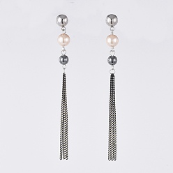 PeachPuff Dangle Stud Earrings, with 304 Stainless Steel Stud Earring Findings, Non-Magnetic Synthetic Hematite Beads and Brass Twisted Curb Chains, PeachPuff, 90mm, Pin: 0.8mm