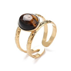 Тигровый глаз Ионное покрытие (ip) 304 открытые манжеты из нержавеющей стали, овальное кольцо из натурального тигрового глаза для женщин, реальный 18 k позолоченный, 11.5 мм, 6 шт / комплект