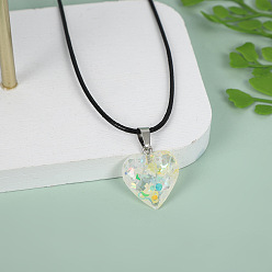 Шампанско-Желтый Ожерелье из черного вощеного шнура с подвеской в виде светящегося сердца с пайеткой внутри, со сплавочной фурнитурой, шампанское желтый, 17.72 дюйм (45 см)