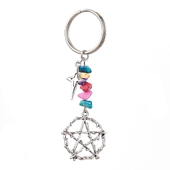 Star Tibetan Style Alloy Keychain, with Dyed Synthetic Turquoise Beads Strands, Iron Split Key Rings, Star, Star, 8.1cm, Star: 54x25.5x7mm