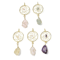 Смешанные камни Большие подвески из необработанных натуральных смешанных драгоценных камней, обернутые медной проволокой, подвески из плетеной паутины/сетки с драгоценными камнями и латунными кольцами, золотые, стойки покрытие, 73~76x30~30.5x10~12.5 мм, отверстие : 6~6.5 мм