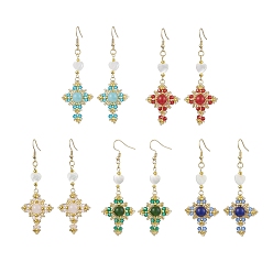 Mixed Stone Natural Mixed Stone & Glass Seed Beads Dangle Earrings for Women, Cross, Golden, Mixed Color, 76x27mm