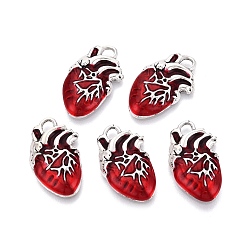 Red Alloy Enamel Pendants, Antique Silver, Heart Charm, Red, 25x16x4mm, Hole: 2.5mm
