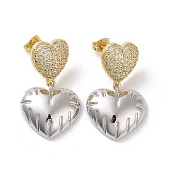 Heart Two Tone Brass Micro Pave Clear Cubic Zirconia Dangle Stud Earrings, Platinum & Golden, Heart, 32x20mm