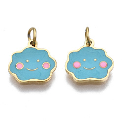 Настоящее золото 14K 316 хирургические брелоки из нержавеющей стали с эмалью, с прыжковых колец, облако, голубой, реальный 14 k позолоченный, 9.5x9.5x0.5 мм, Перейти кольцо: 3.8x0.6 мм, 2.6 мм внутренним диаметром