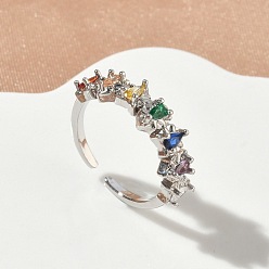 Платина Латунные микропаве кубические цирконии манжеты открытые кольца для женщин, слеза, без кадмия и без свинца, стойки покрытие, долговечный, платина, 6.5 мм, внутренний диаметр: 17 мм