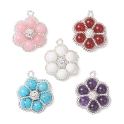 Смешанные камни Подвески в виде цветов из натурального аметиста, машанского нефрита, карнеола и синтетической бирюзы с бисерной основой из стекла., окрашенные, разноцветные, 31.5x27x8.5 мм, отверстие : 3x2.5 мм