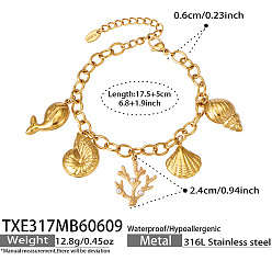 Shell Shape Summer Beach 316 Surgical Stainless Steel & Plastic White Pearl Charm Bracelets for Women, Golden, Shell Shape, 6.89 inch(17.5cm)
