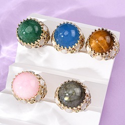 Смешанные камни Полукруглые кольца-манжеты из натурального драгоценного камня с кубическим цирконием, латунные регулируемые кольца для женщин, золотые, 24.5 мм