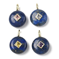 Ляпис-Лазурь Природный лазурит подвески, плоские круглые подвески с латунной микропаве из кубических цирконий случайных цветов, золотые, окрашенные, 22x16x6.5~8 мм, отверстие : 2.5x4 мм