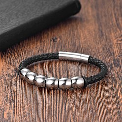 Черный Браслеты из шнура, имитация кожи , браслеты из нержавеющей стали с магнитной застежкой для мужчин, чёрные, одинарный: 8-1/4 дюйм(21см)