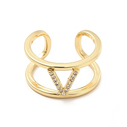 Letter V Кольцо-манжета с открытой буквой из прозрачного кубического циркония, кольцо из настоящей позолоченной латуни с двойной линией для женщин, без свинца и без кадмия, letter.v, размер США 18 (6 мм)