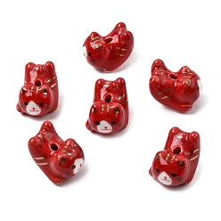 Красный Фарфоровые бусины ручной работы, форма кошки, напечатанный, красные, 21x16x17 мм, отверстие : 3 мм