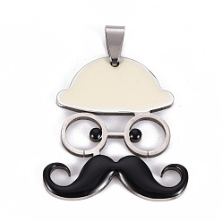 Beige 201 Stainless Steel Enamel Pendants, Human with Mustache and Hat, Beige, 35x31.5x2mm, Hole: 8x4mm
