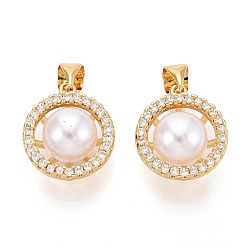 Настоящее золото 16K Латунные микропаве прозрачные подвески с фианитом, с имитацией жемчуга, полукруглые прелести, реальный 16 k позолоченный, 14.5~15x13x8.5 мм, отверстие : 5x3.2 мм