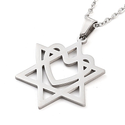 Stainless Steel Color Non-Tarnish 304 Stainless Steel Pendant Necklaces, Cable Chains, Star of David with Heart, Stainless Steel Color, 17.68 inch(44.9cm)