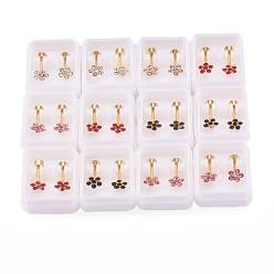 Couleur Mélangete 304 bouchons de lobe d'oreille en acier inoxydable, boucles d'oreilles vissées, avec strass, fleur, or, couleur mixte, 10mm, pin: 1 mm