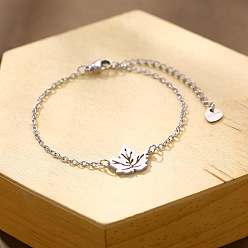 Stainless Steel Color 304 Stainless Steel Maple Leaf Link Bracelets, Cable Chain Bracelets for Women, Stainless Steel Color, 6.50 inch(16.5cm)