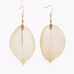Golden Brass Plated Natural Leaf Dangle Earrings, with 304 Stainless Steel Earring Hooks, Golden, 105mm, Pin:0.7mm
