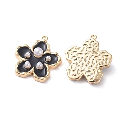 Black Enamel Pendants, with Brass Findings and Acrylic Pearl, Real 18K Gold Plated, Flower, Black, 16.5x15x4mm, Hole: 1mm