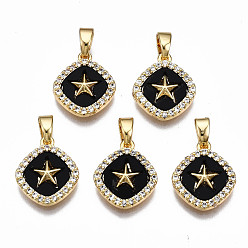 Black Brass Micro Pave Clear Cubic Zirconia Charms, with Enamel, Nickel Free, Rhombus with Star, Real 18K Gold Plated, Black, 14x12x3mm, Hole: 2.5x4.5mm, Side Length: 11mm