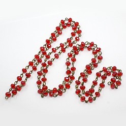 Rot Handgefertigte Rondell-Perlenketten aus Glas, mit glasperlen facettierten rondellperlen und eisenstift, ungeschweißte, Antik Bronze, rot, 6x4 mm, ca. 1 m / Strang, 39.3 Zoll/Strang