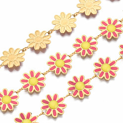 Светло-Вишневый 304 звенья цепи из нержавеющей стали и эмали, с катушкой, несварные, реальный 16 k позолоченный, без никеля , цветок, светло-вишневый, 13.5x10x1 мм, около 16.4 футов (5 м) / рулон