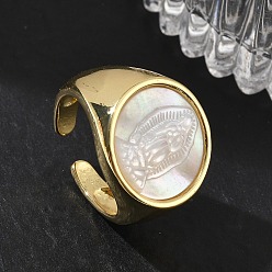 Human Brass & White Shell Cuff Open Rings, Flat Round, Long-Lasting Plated, Rack Plating, Lead Free & Cadmium Free, Real 18K Gold Plated, Virgin Mary, 17.5mm, Inner Diameter: 17mm