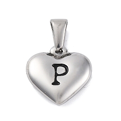 Letter P 304 подвески из нержавеющей стали, сердце с черной буквой, цвет нержавеющей стали, Письмо P, 16x16x4.5 мм, отверстие : 7x3 мм