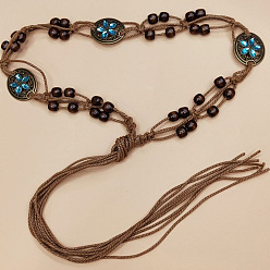 Oval Богемный стиль сплав паве темно-синее стекло с деревянными бусинами обертка джутовый шнур цепи на талию живот для женщин, античная бронза, овальные, 1700 мм