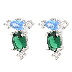 Platinum Oval Brass Stud Earrings, with Cubic Zirconia, Long-Lasting Plated, Lead Free & Cadmium Free, Platinum, 17x13mm